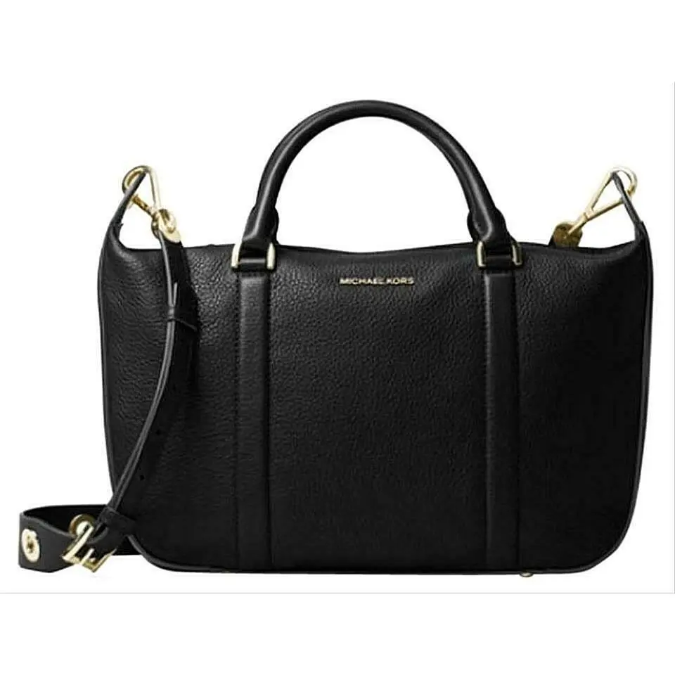 Michael Kors Raven Grommet Large Black Leather Top Zip Gold Satchel Bag