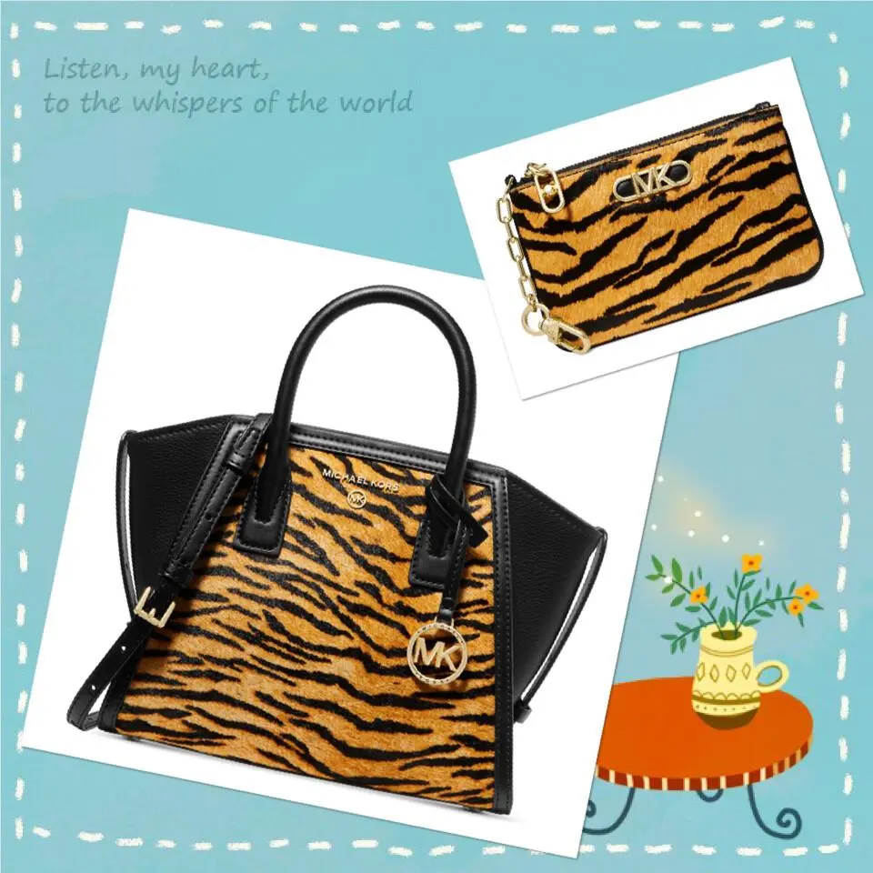 Michael Kors Avril Tiger Brown Multi Calf Hair Top Zip Satchel Xbody Key Card