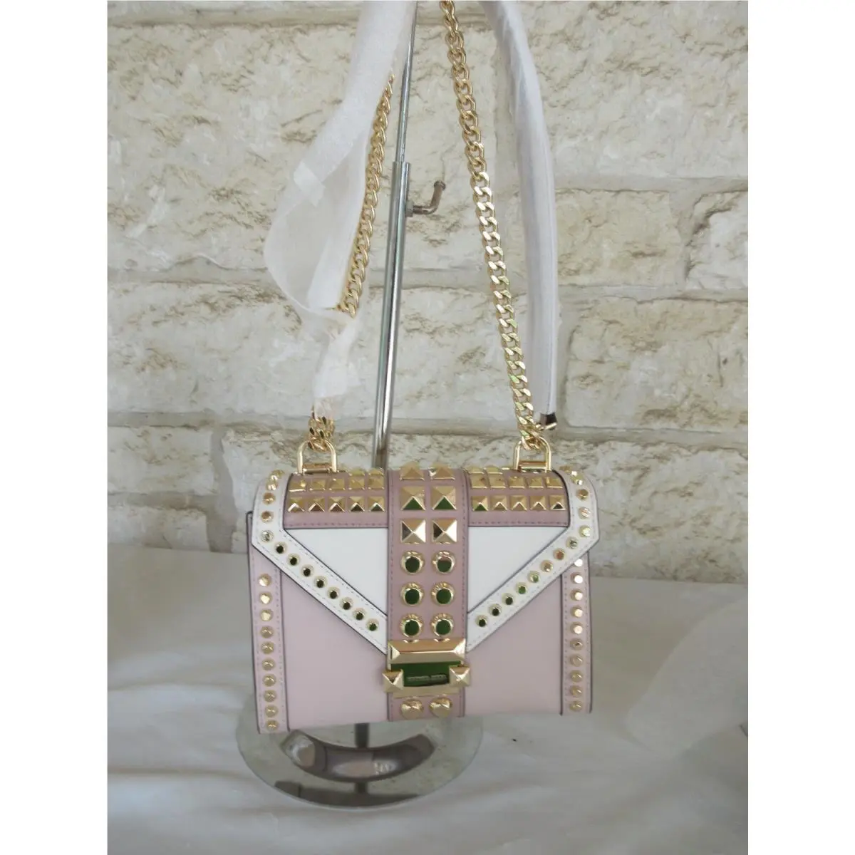 Whitney Small Studded Leather Blue Pink Red Fawn Multi Small Light Cream Fawn Neutral Studded by Michael Kors