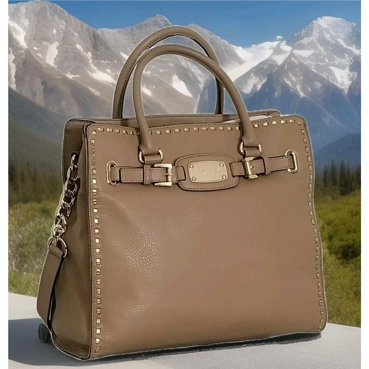 Hamilton NS Large Tan Dark Khaki Whipped Stitch NS Tote Bag by Michael Kors