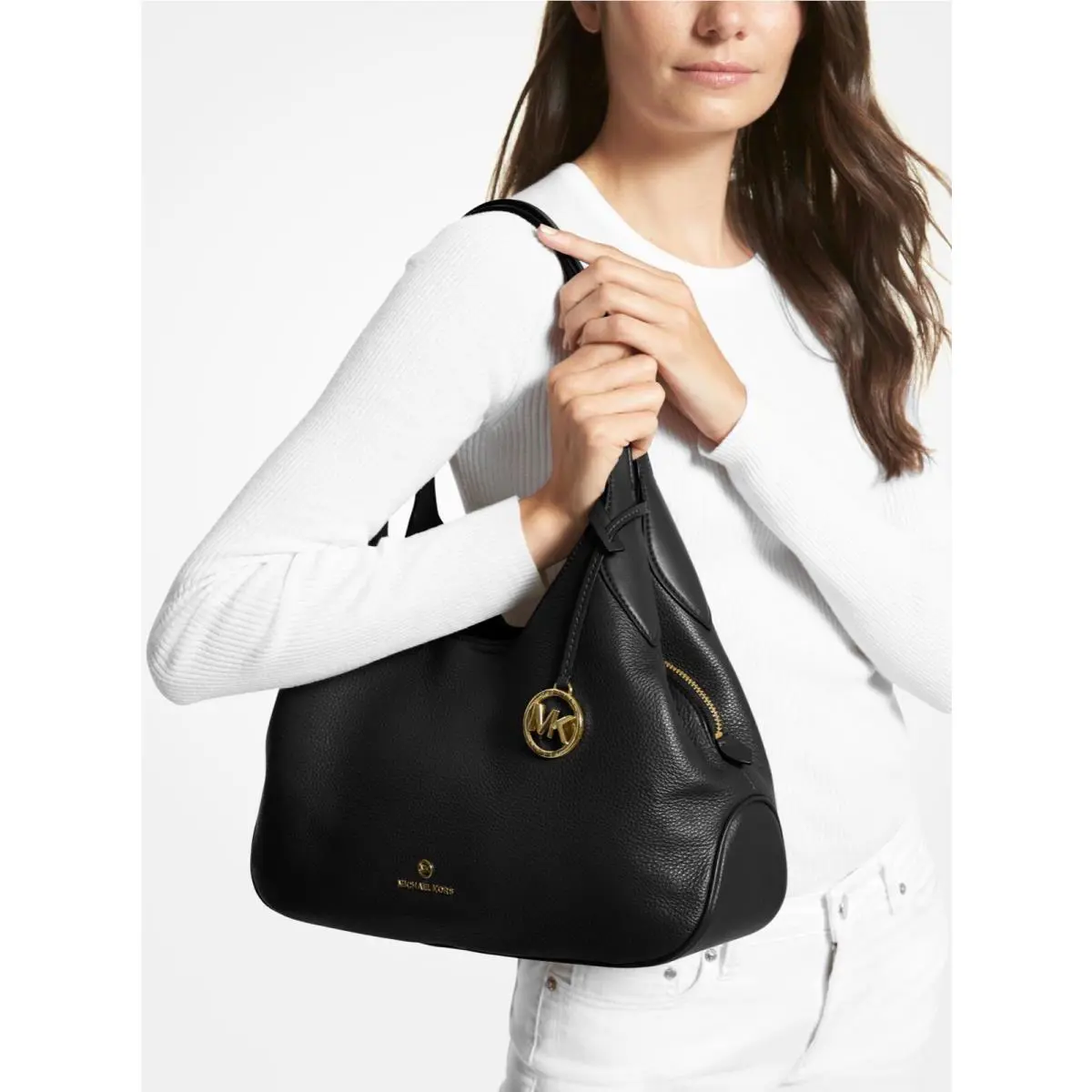 Michael Kors Kelsey Black Brown Pebbled Leather Large Shoulder Bag Purse