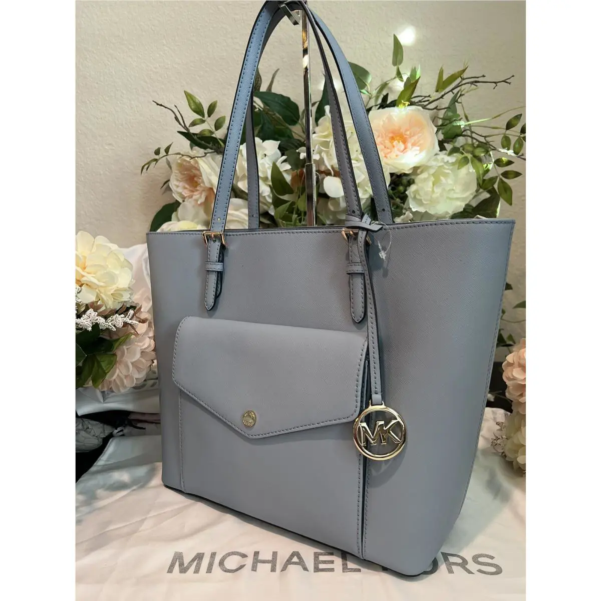 Michael Kors Jet Set Double Handle Tote Handbag Light Blue/gold Hardware