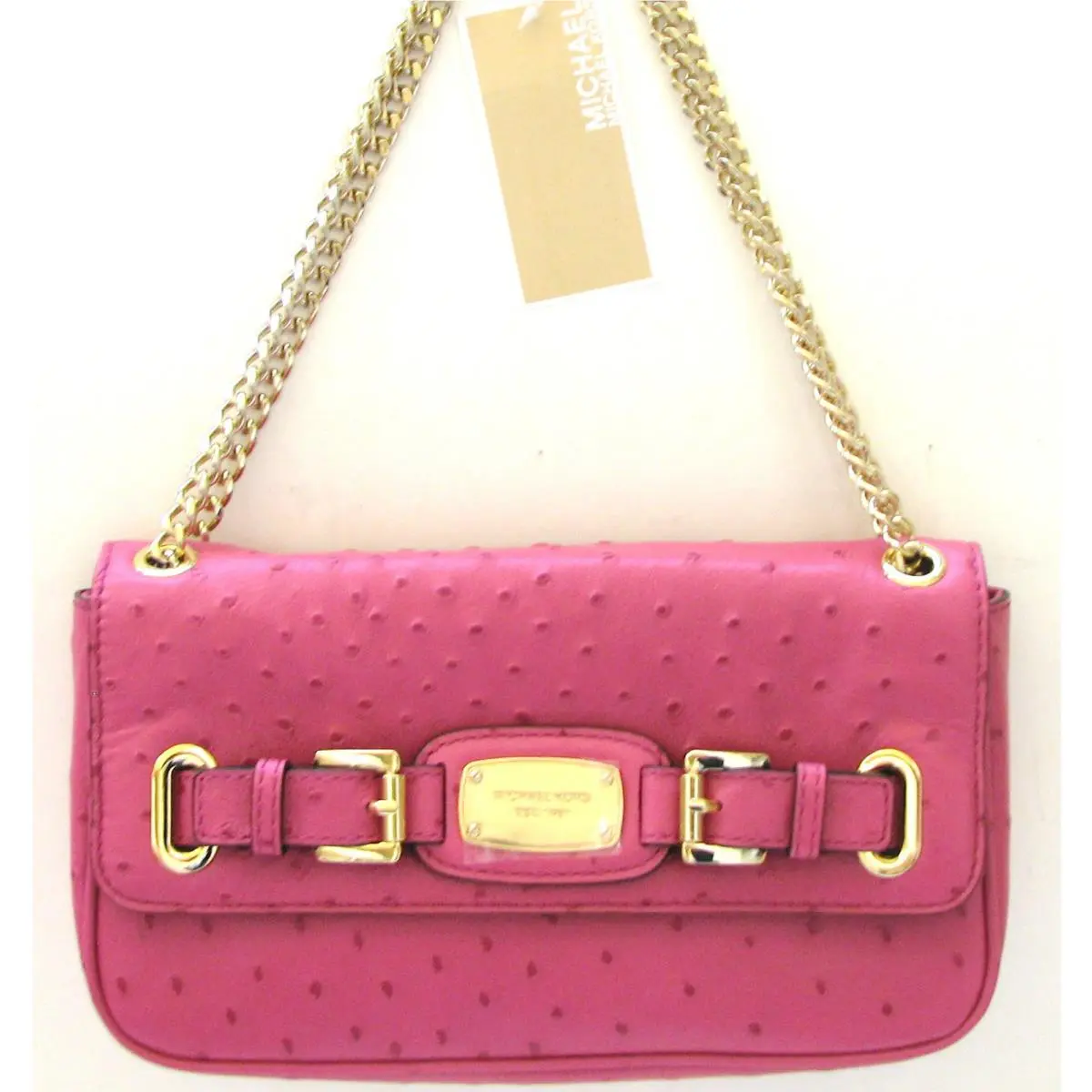 Michael Kors Hamilton Ostrich Zinnia Pink Leather+gold Crossbody Shoulder Bag