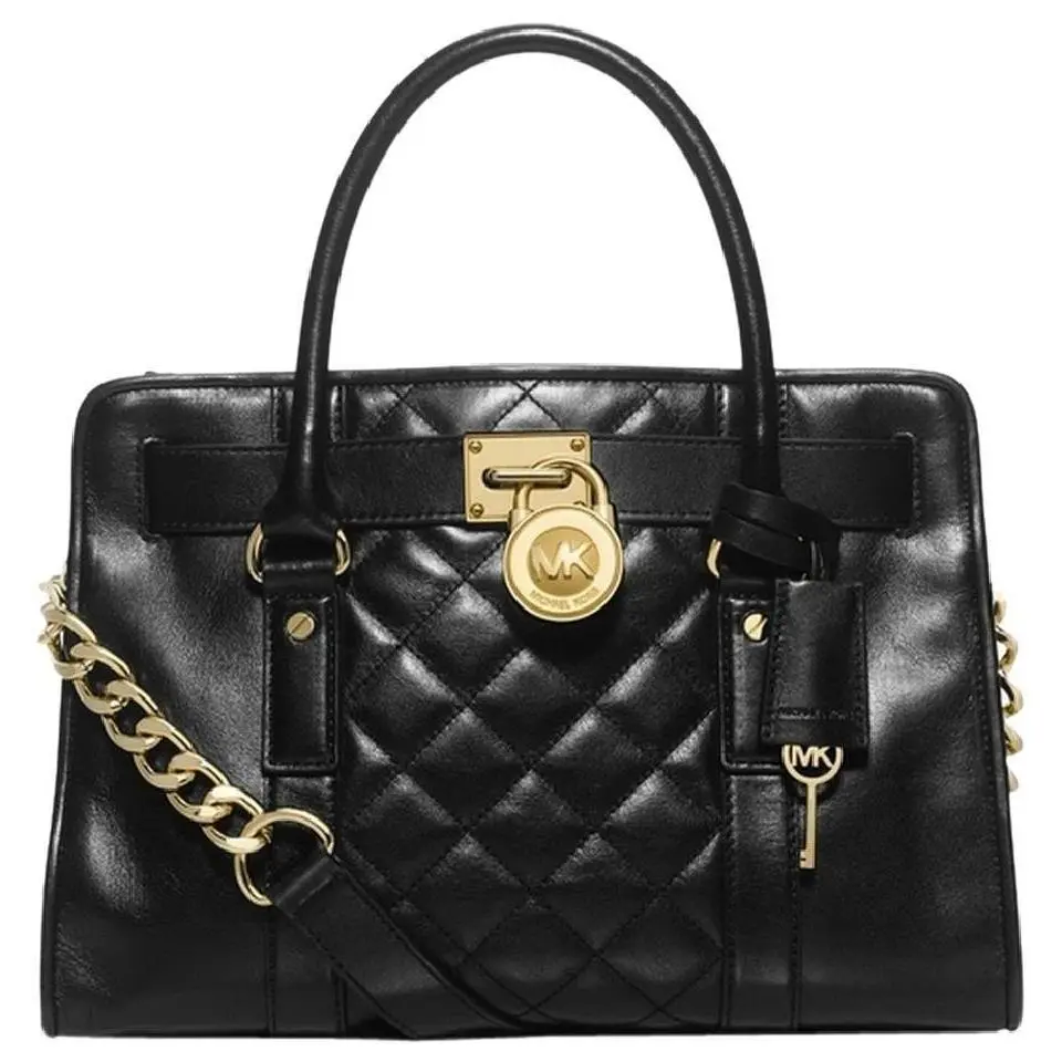 Michael Kors Hamilton Black Quilt Leather Gold Lock Key EW Satchel Bag