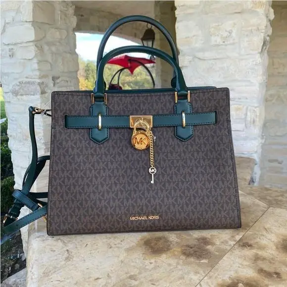 Signature Hamilton Lock Key Medium Satchel MK Racing Green by Michael Kors
