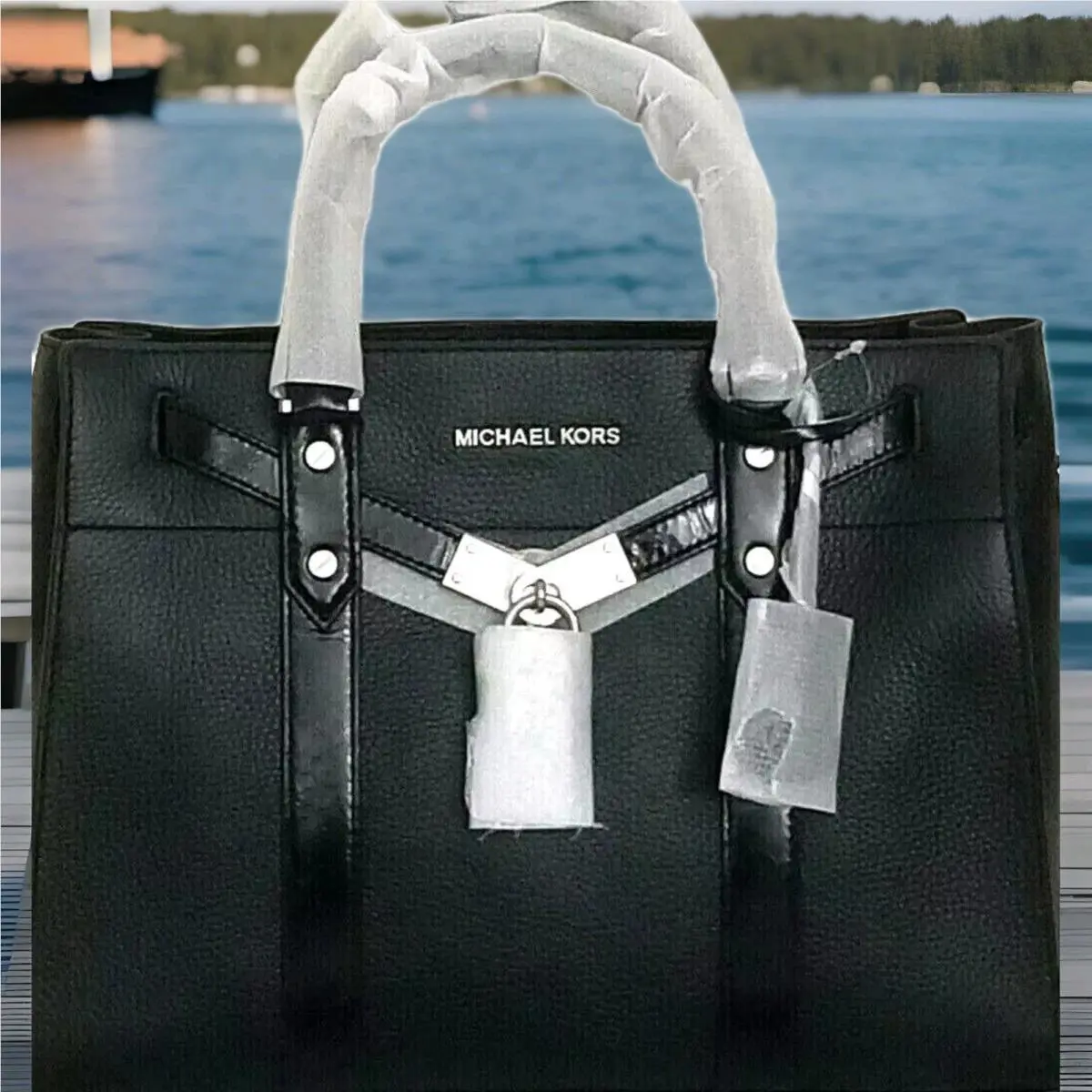 Michael Kors Hamilton Nouveau Black Silver Lock Key Large Satchel Bag