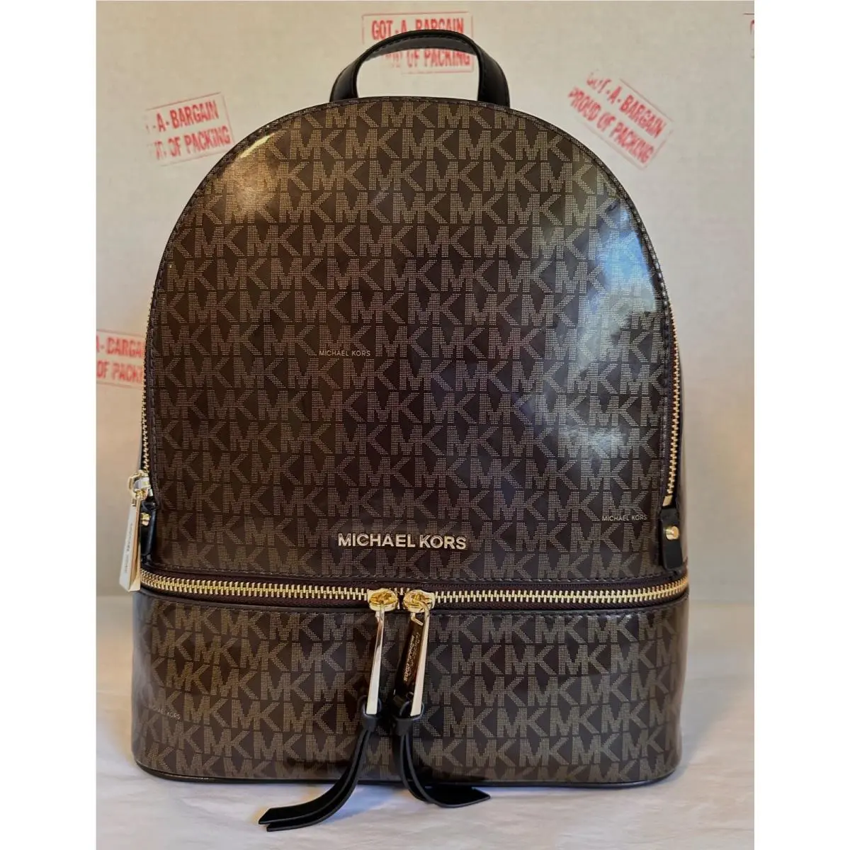 Rhea Zip Medium MK Signature Backpack School Bag Brown patent mk/gold by Michael Kors