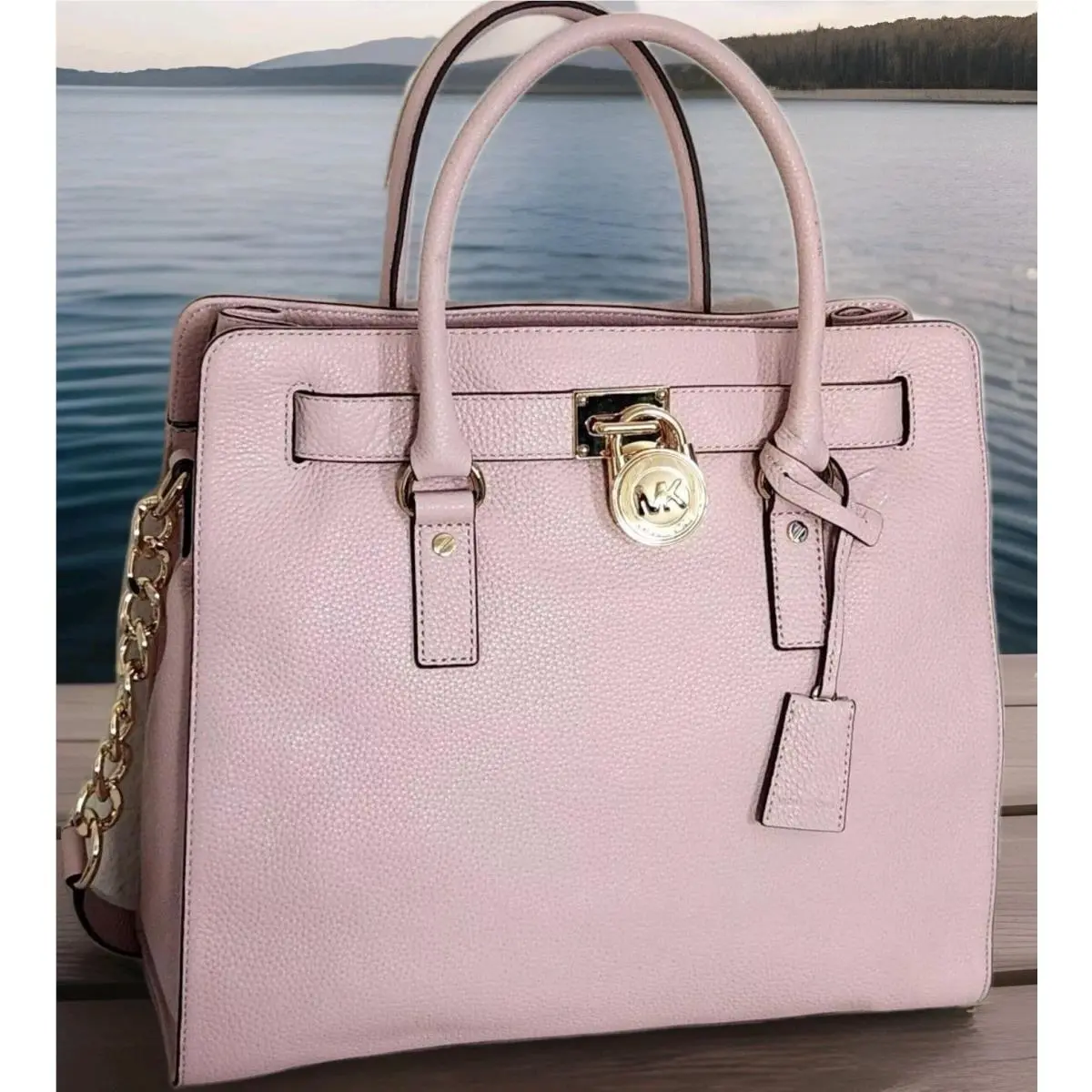 Hamilton Large Blossom Pink Leather Gold Lock Chain Tote Bag by Michael Kors