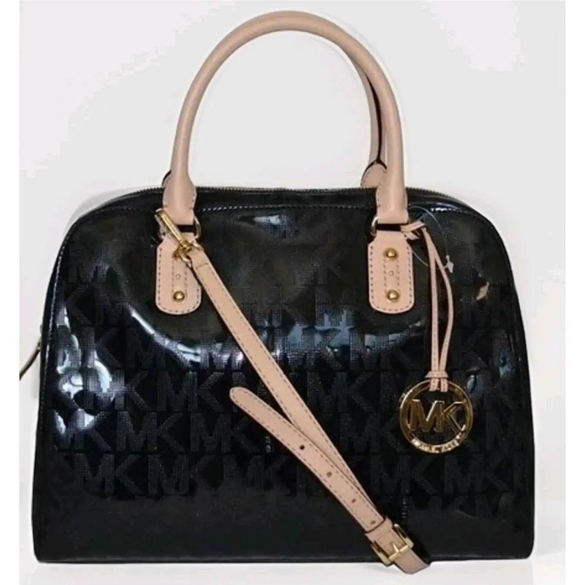 Michael Kors Signature Mirror Metallic Black Logo Satchel Bag Crossbody