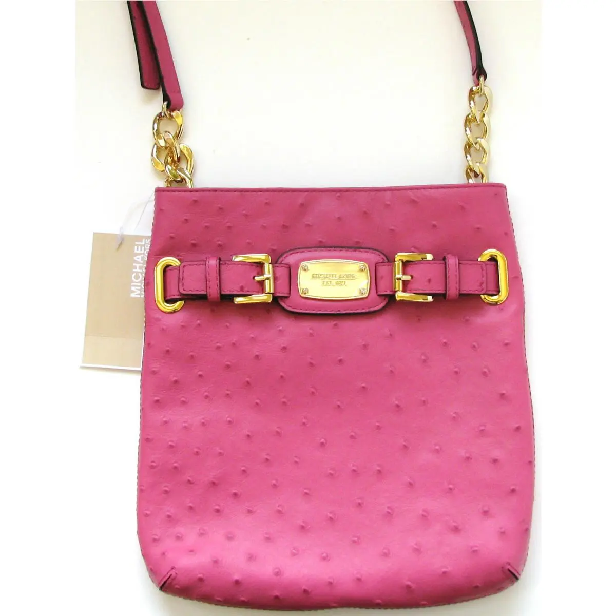 Michael Kors Hamilton Ostrich Zinnia Pink Leather+gold Crossbody Shoulder Bag