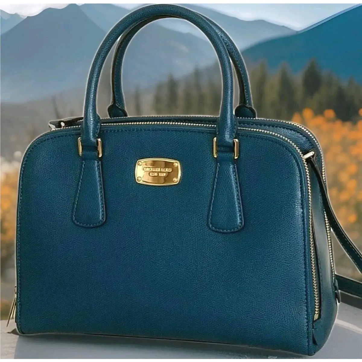 Michael Kors Reese Large Deep Teal Double Zip Leather Satchel Bag Purse