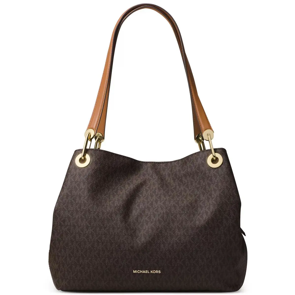 Michael Kors Raven MK Logo Brown Acorn Pvc Black Leather Shoulder Bag Purse