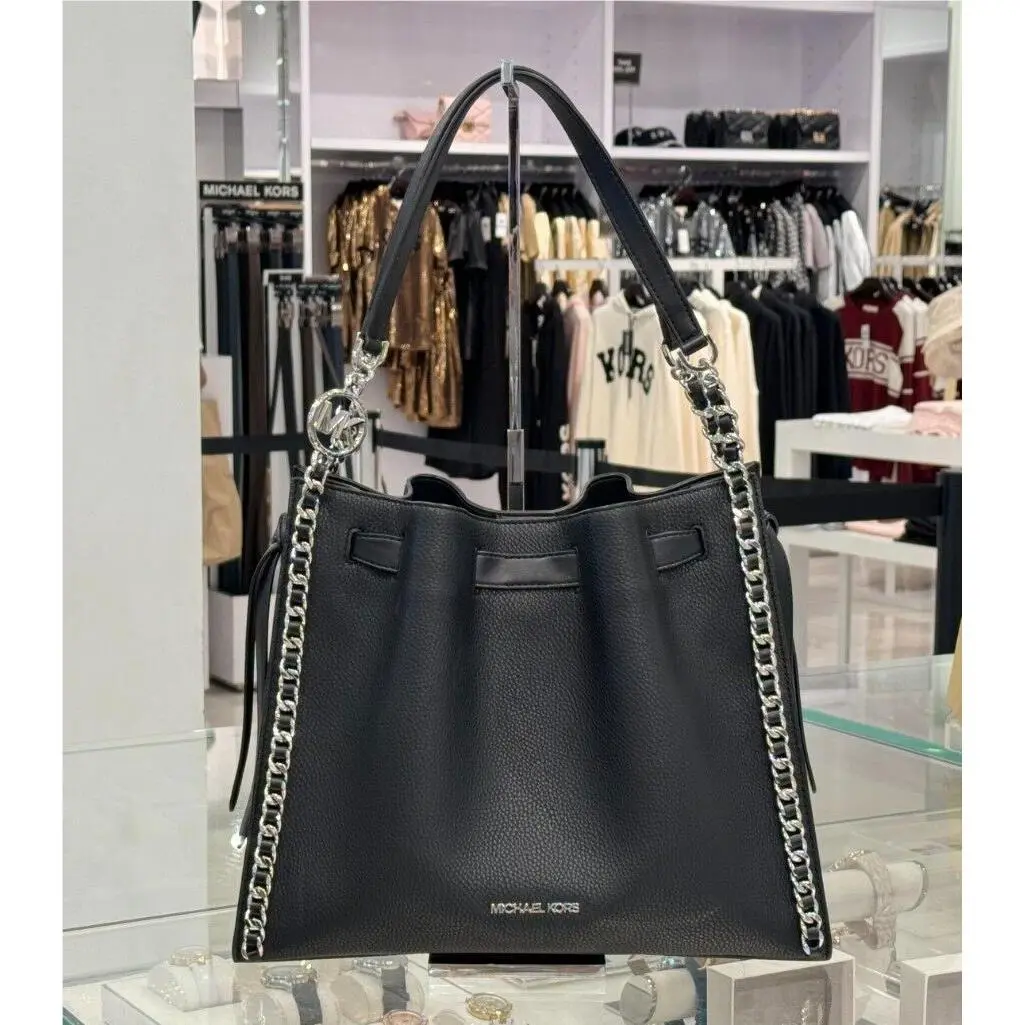 Mina Large Belted Chain Shoulder Bag BLACK/SILVER TONED HARDWARE by Michael Kors
