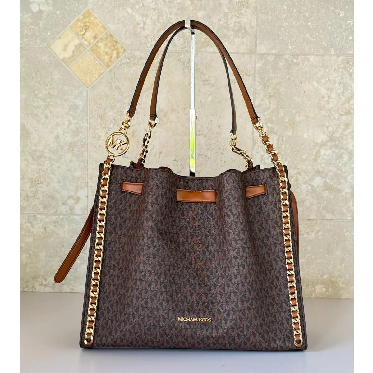 Mina Large Belted Chain Shoulder Bag MK BROWN by Michael Kors