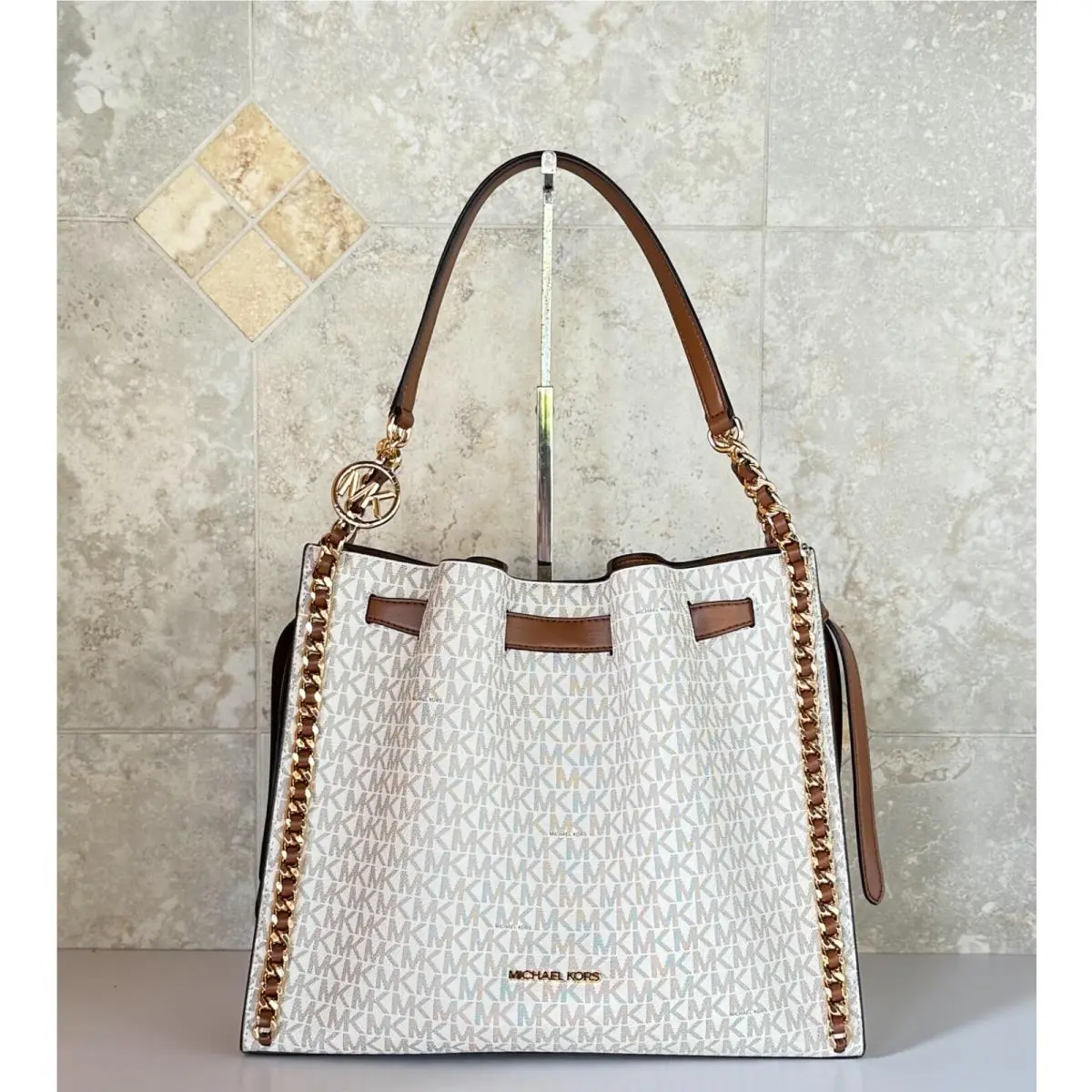 Mina Large Belted Chain Shoulder Bag MK VANILLA BROWN by Michael Kors