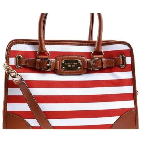 Michael Kors Hamilton Large Red White Stripe Brown Leather Tote Bag Purse