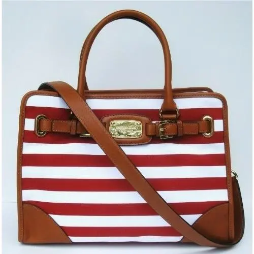 Michael Kors Hamilton Large Red White Stripe Brown Leather Tote Bag Purse