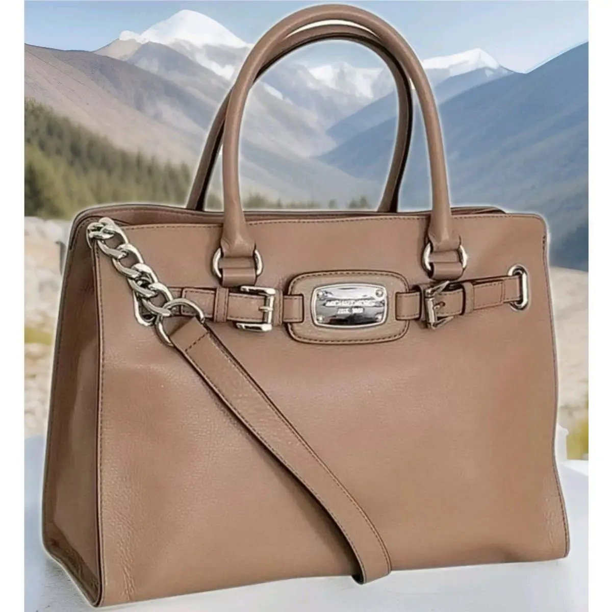 Michael Kors Hamilton Large Dark Khaki Tan Silver Leather Tote Bag Purse