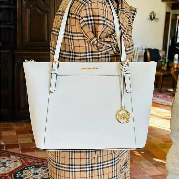 Michael Kors Ciara Large Shoulder Tote Handbag Leather Optic White