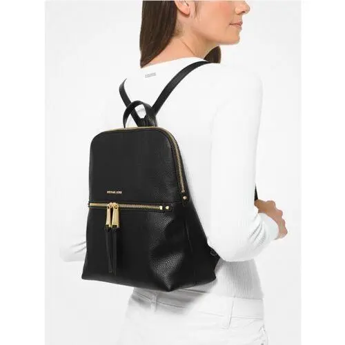 Rhea Medium Pebble Leather Slim Backpack Black Pink or Red Dust Bag Black Medium Slim Leather Backpack by Michael Kors