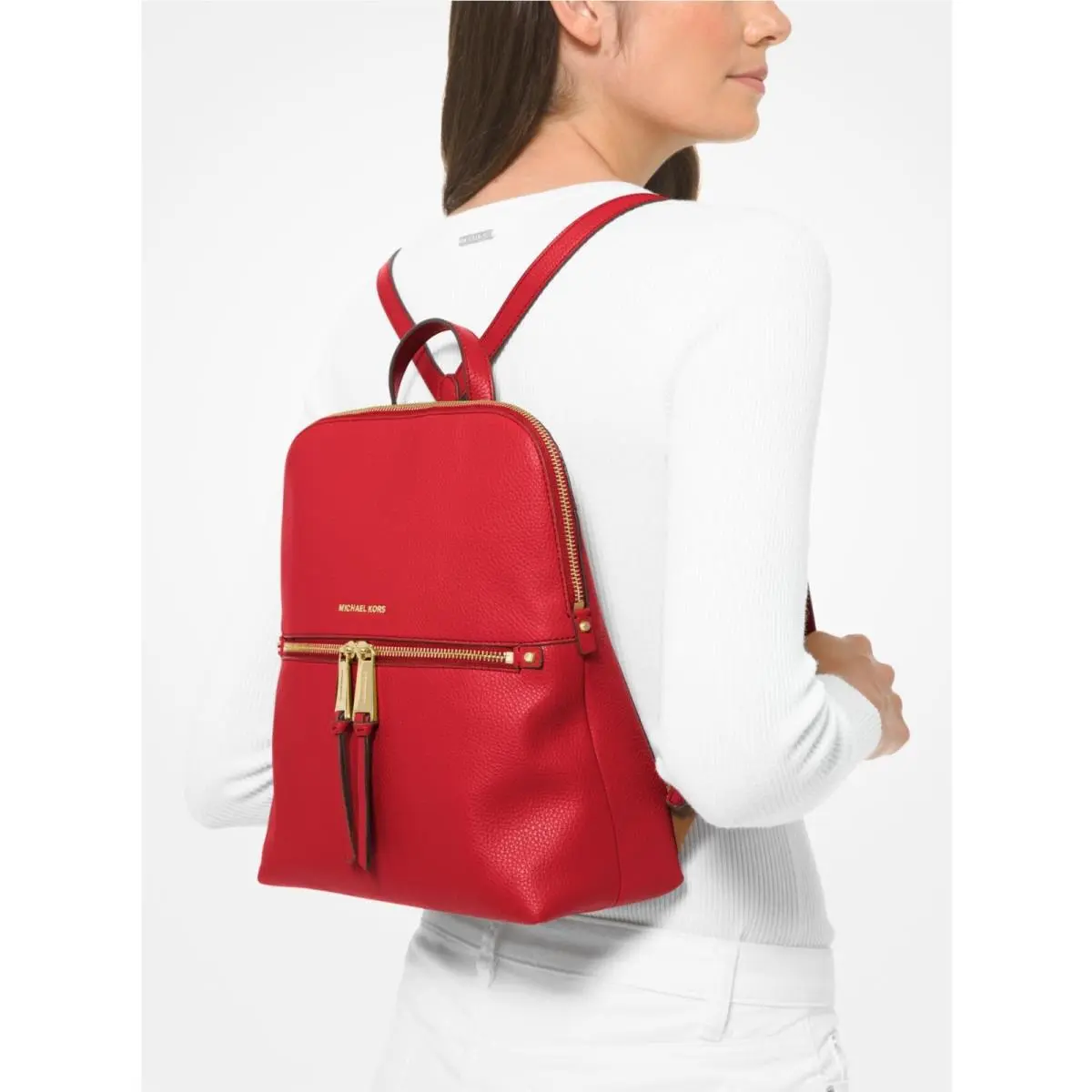 Rhea Medium Pebble Leather Slim Backpack Black Pink or Red Dust Bag Red Medium Slim Leather Backpack by Michael Kors