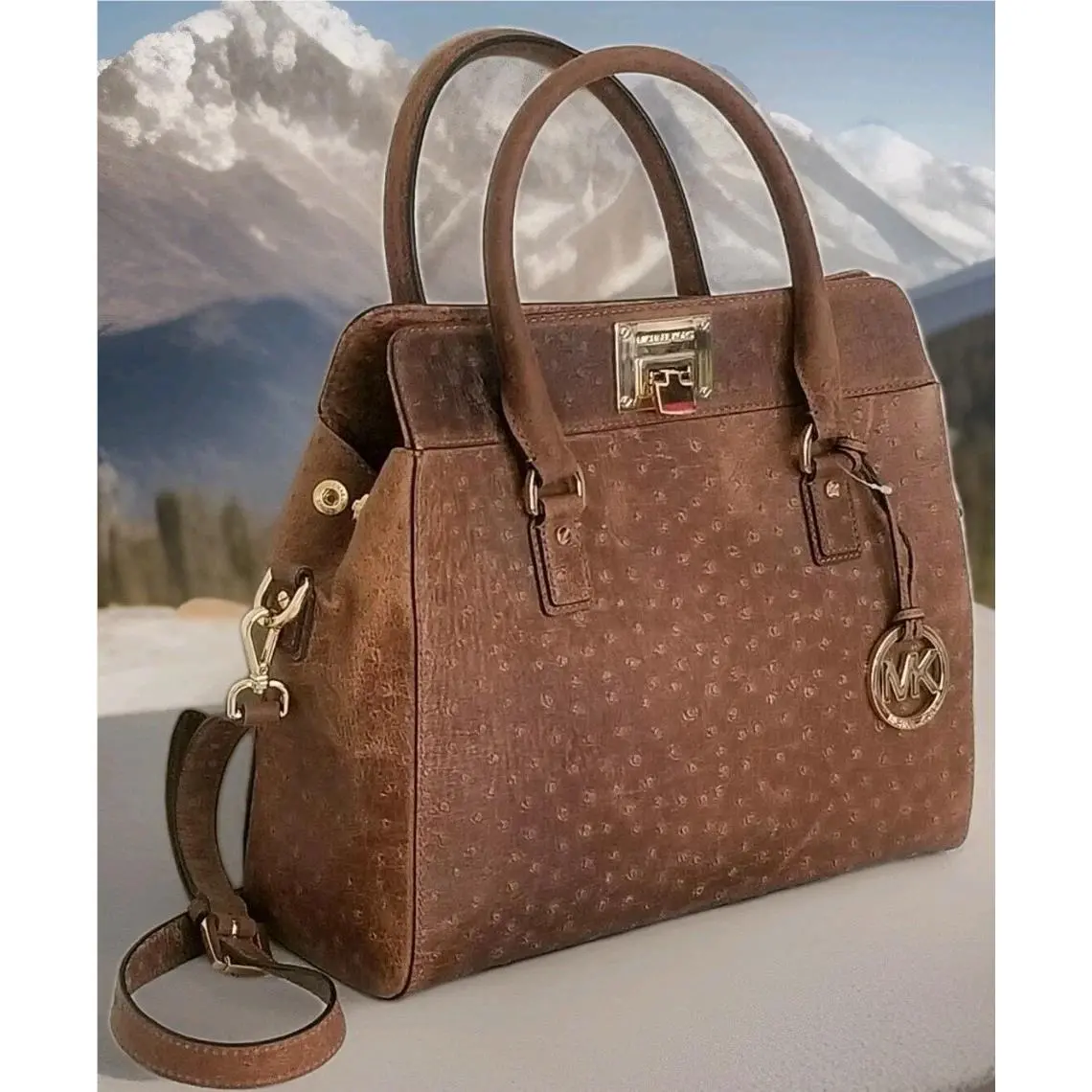 Michael Kors Astrid Mocha Brown Ostrich Embossed Leather LG Satchel Bag