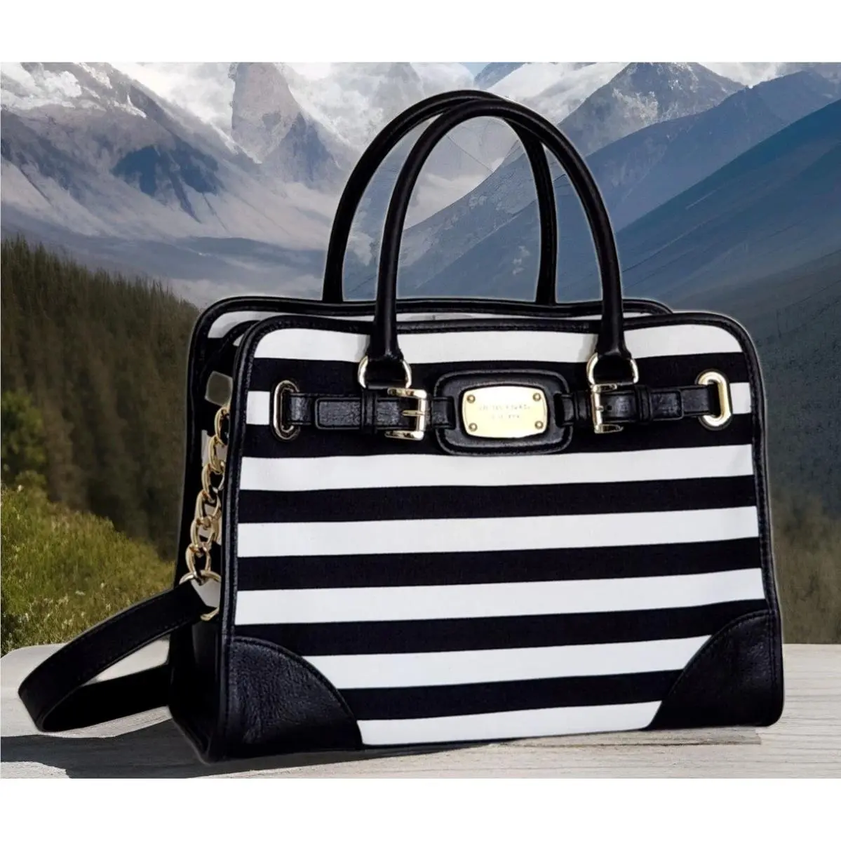 Hamilton Large Black White Stripe Gold Logo Chain Tote Bag by Michael Kors