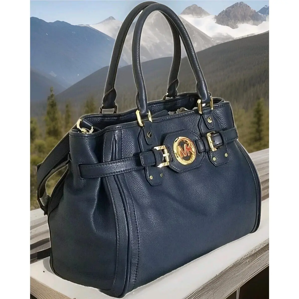 Hudson Navy Blue Leather Gold Logo Belted Large Tote Bag by Michael Kors