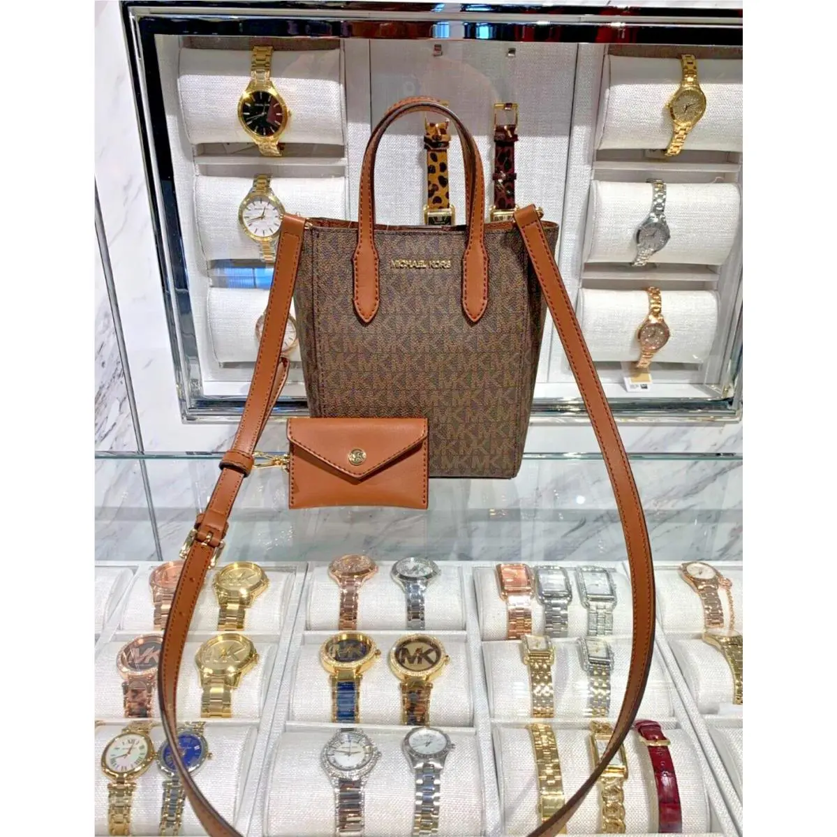 Vincent XS Leather MK Logo Shoulder Crossbody w/ Card Case Attached BROWN by Michael Kors