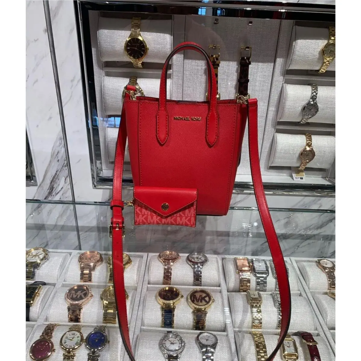 Vincent XS Leather MK Logo Shoulder Crossbody w/ Card Case Attached BRIGHT RED by Michael Kors