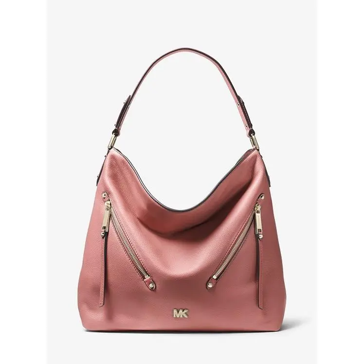 Evie Large Pebbled Leather Double Zipper Hobo/shoulder Bag Rose by Michael Kors