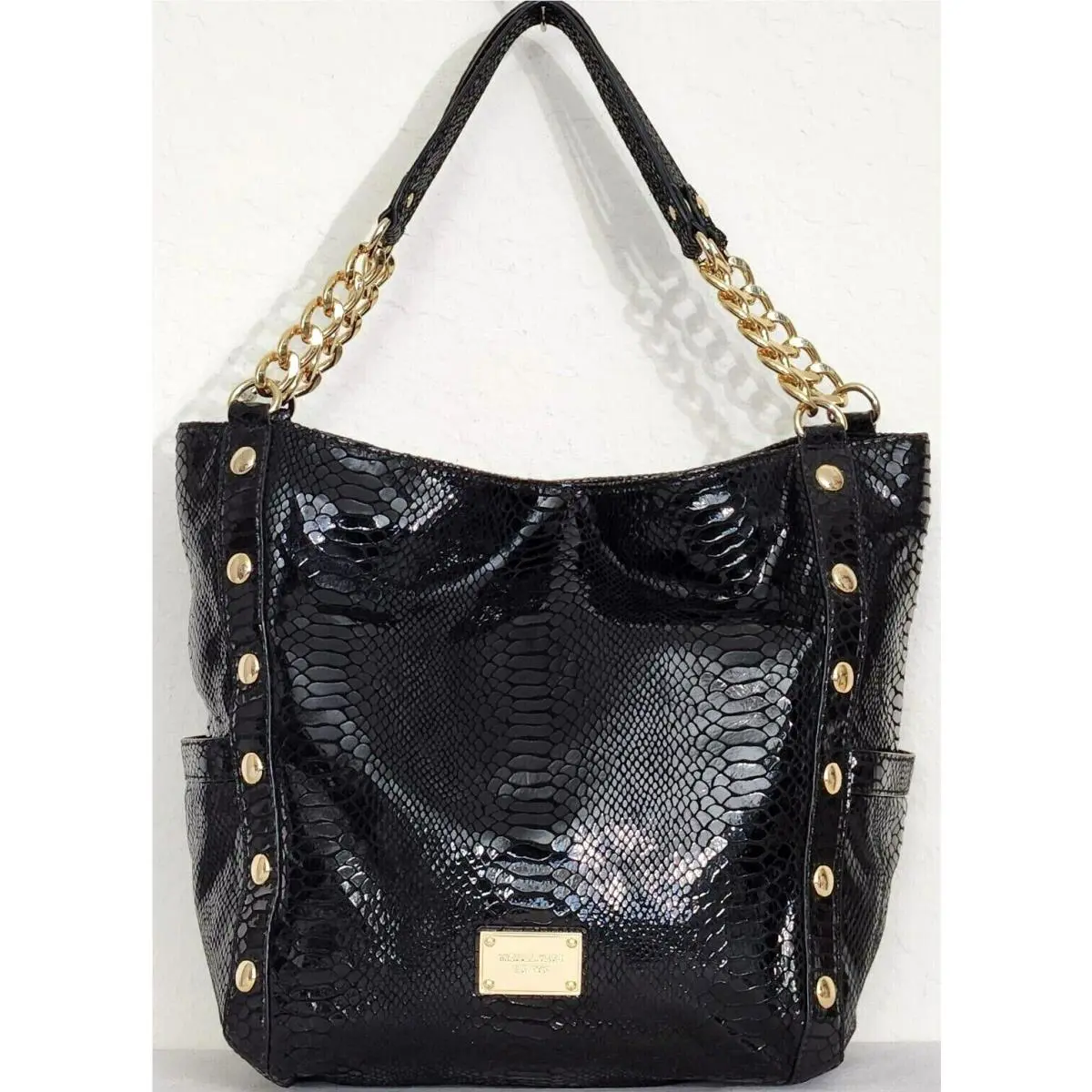Michael Kors Delancy Black Snakeskin Leather Gold Studded Large Tote Bag