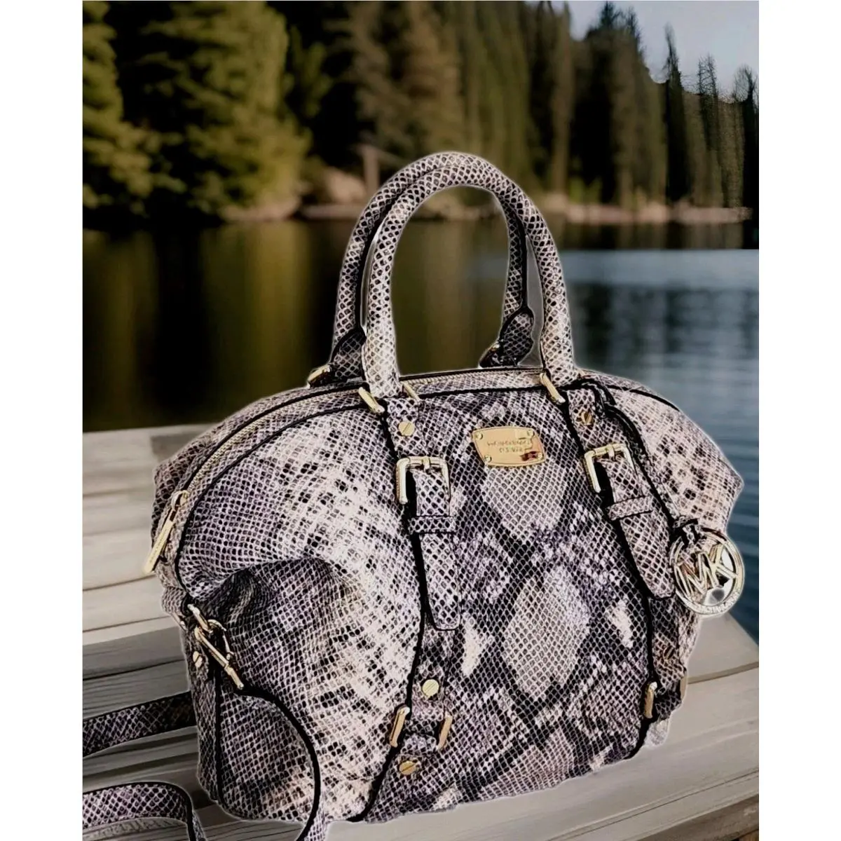 Michael Kors Bedford Belted Angora Snake Leather Top Zip Satchel Bag