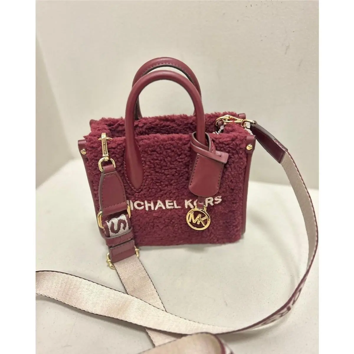 Mirella XS Shearling Shopper MK Logo Crossbody Handbag Purse Bag OXBLOOD by Michael Kors