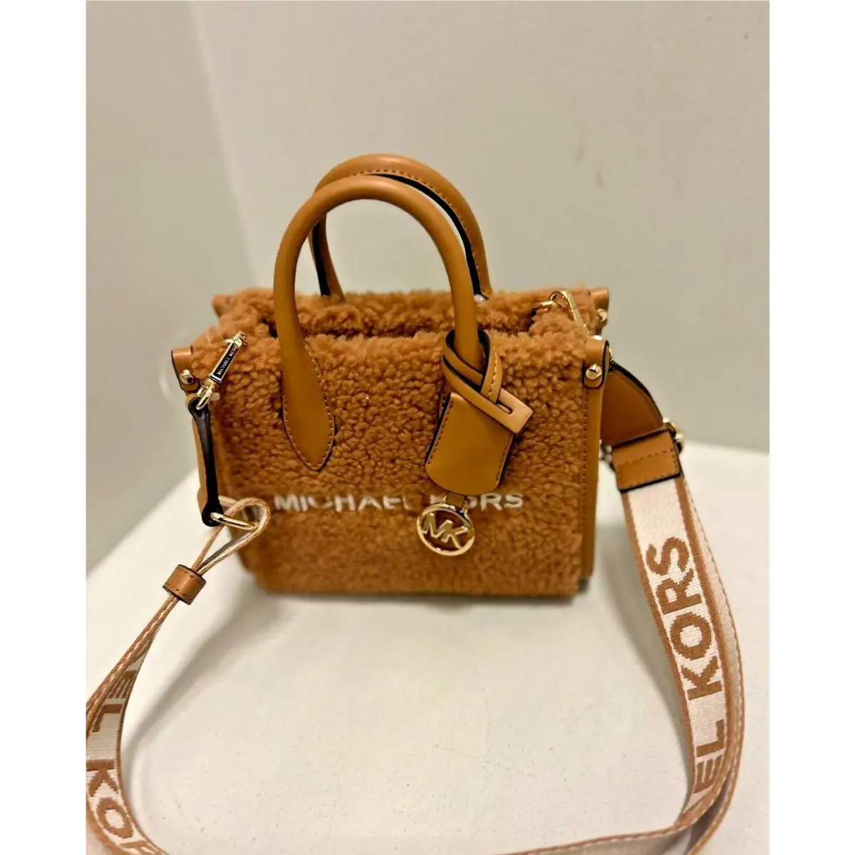 Michael Kors Mirella XS Shearling Shopper MK Logo Crossbody Handbag Purse Bag
