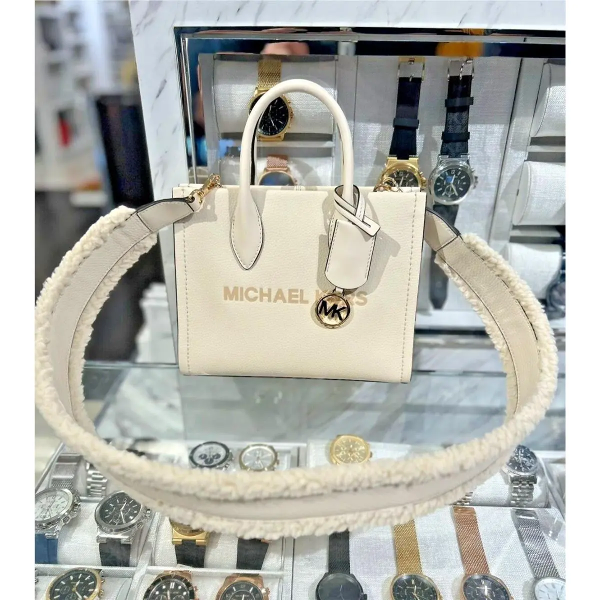 Mirella Small Leather Shopper Top Zip Crossbody Messenger Bag LIGHT CREAM by Michael Kors