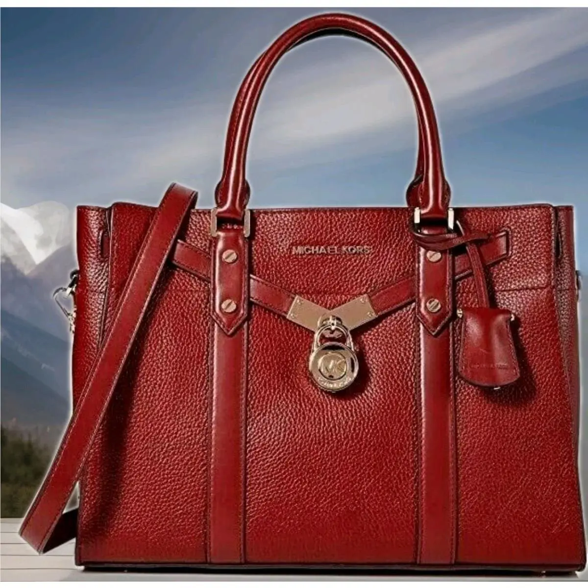 Michael Kors Hamilton Nouveau Brandy Red Lock Key Large Satchel Bag