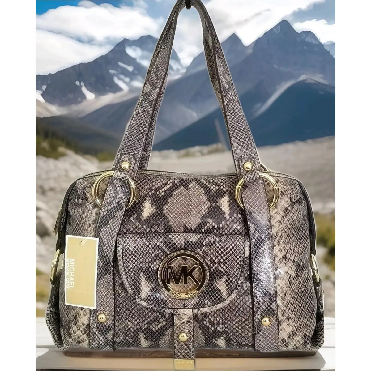 Michael Kors Fulton Large DK Sand Snakeskin Leather Gold Logo Satchel Bag