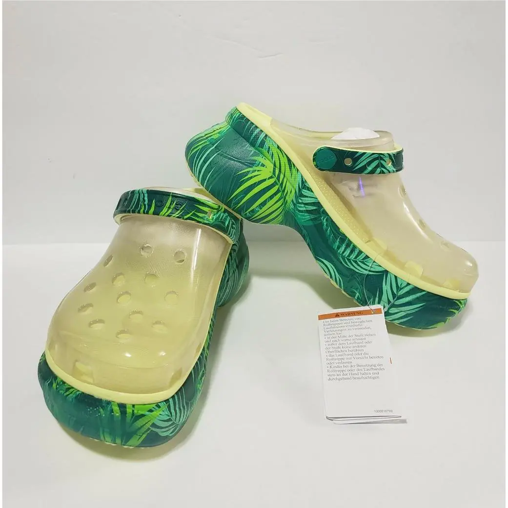 Women`s 5 Crocs™ Classic Bae Clogs Pale Yellow Green Palms Mules Shoes