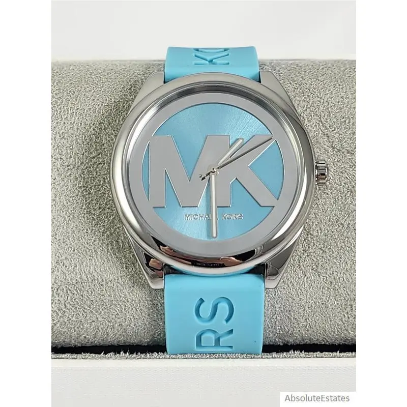 Janelle Silver Aqua Blue Silicone MK Logo Dial Watch MK7350 by Michael Kors