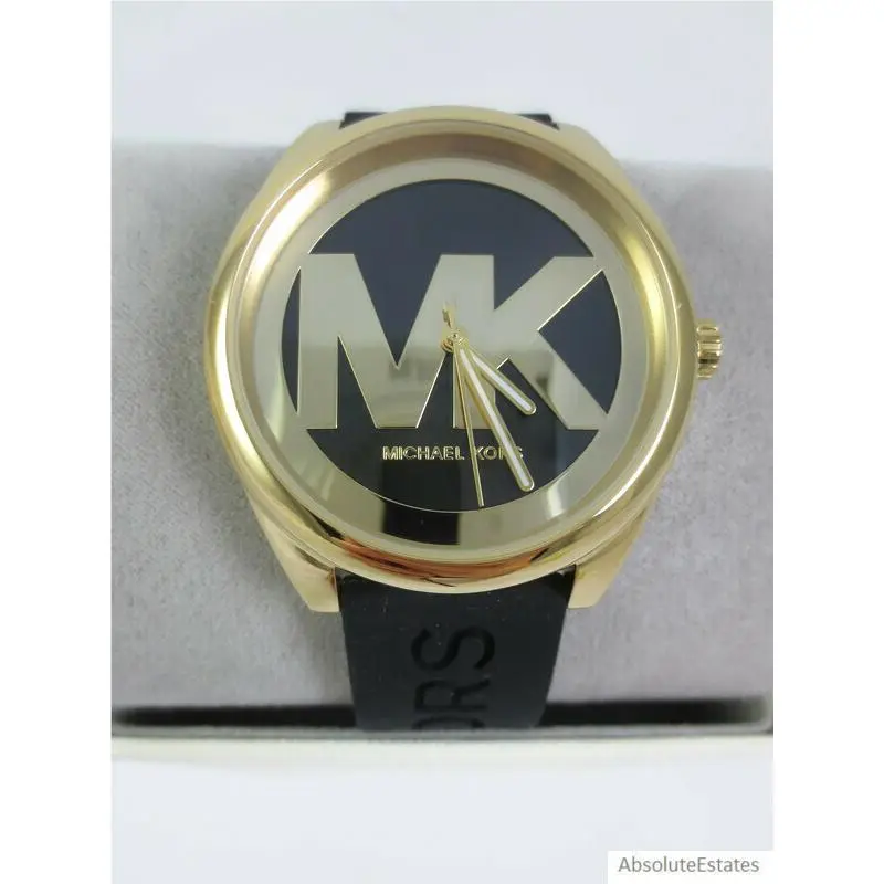 Womens Janelle Casual Watch Gold MK Logo Dial Black Silicone Band by Michael Kors