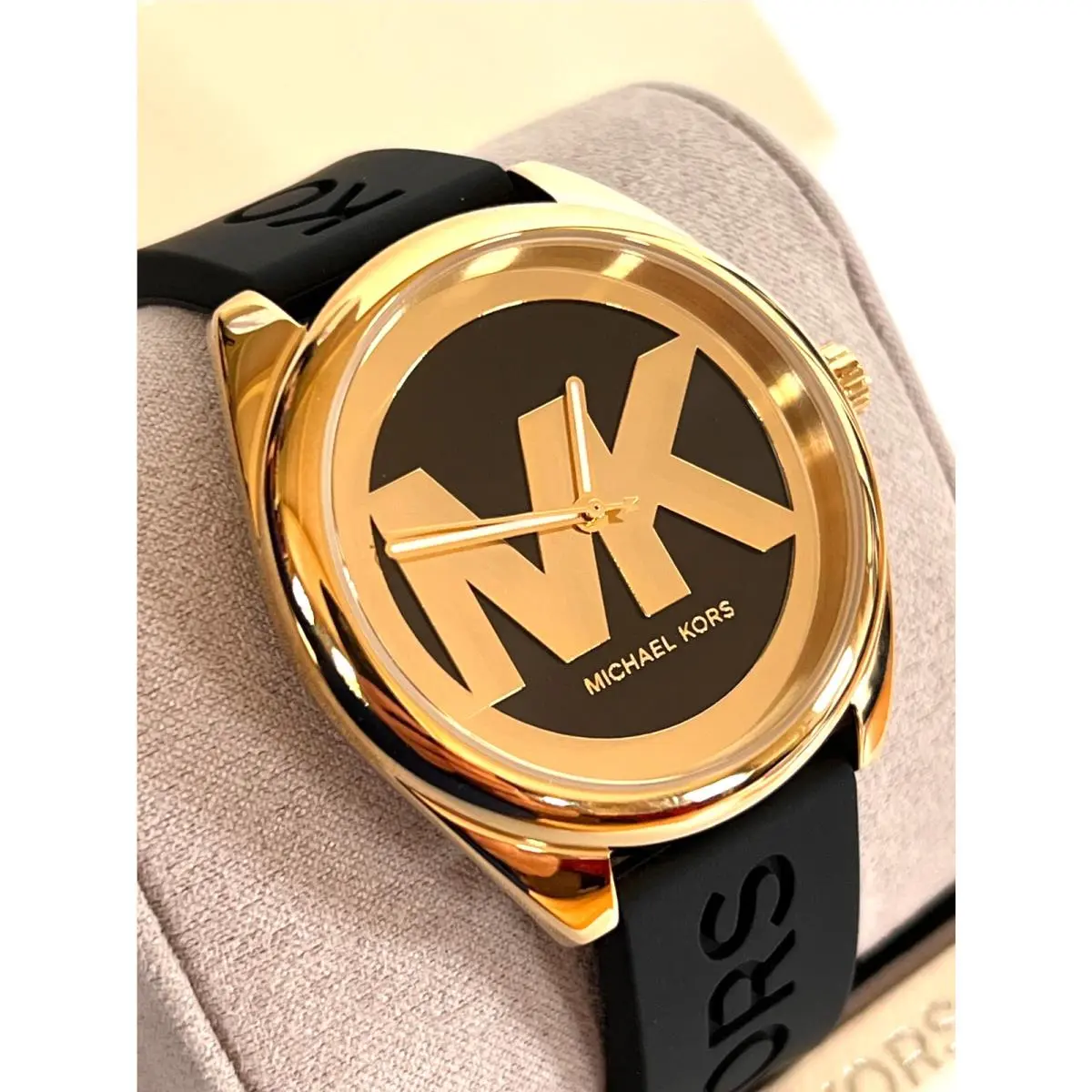 Michael Kors MK7313 Janelle Womens Gold-tone/black Silicone Strap Watch Bnwt/box