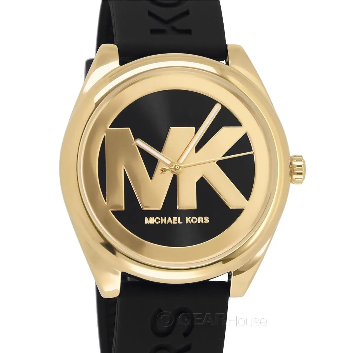 Michael Kors Womens Janelle Casual Watch Gold MK Logo Dial Black Silicone Band