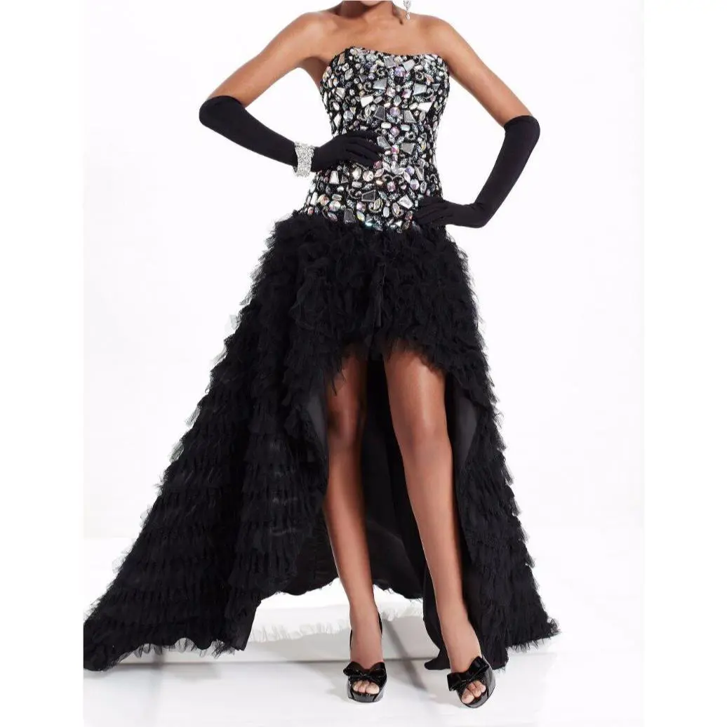 Tiffany Designs SZ 4 Black Hi-lo Ruffle Prom Dress Formal Pageant Gown 16748