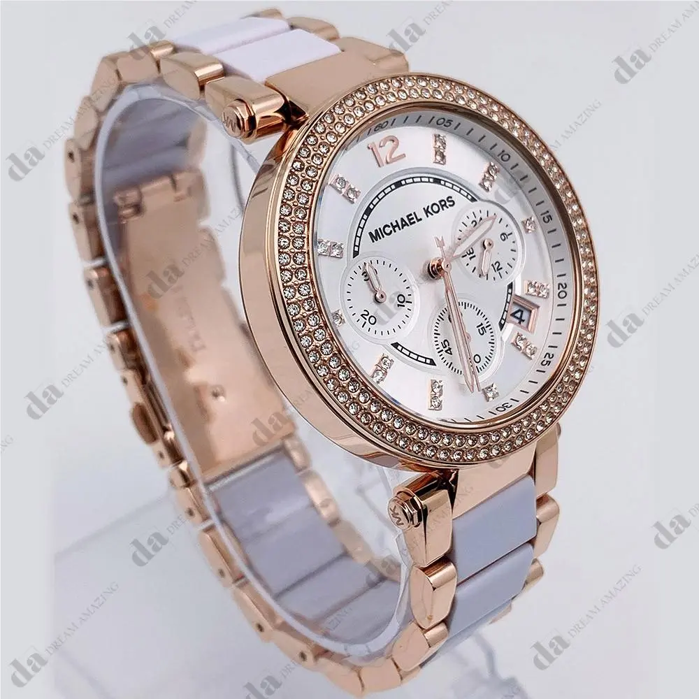 Michael Kors MK5774 Ladies Chronograph Rose-gold White Face Glitz 39mm Watch