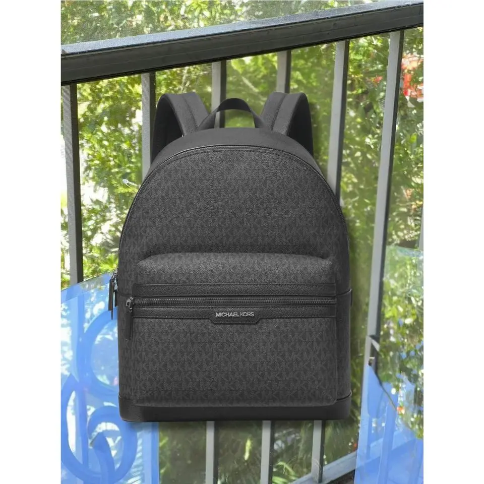 Michael Kors Cooper Men Black Monogram Logo Spacious Travel Functional Backpack