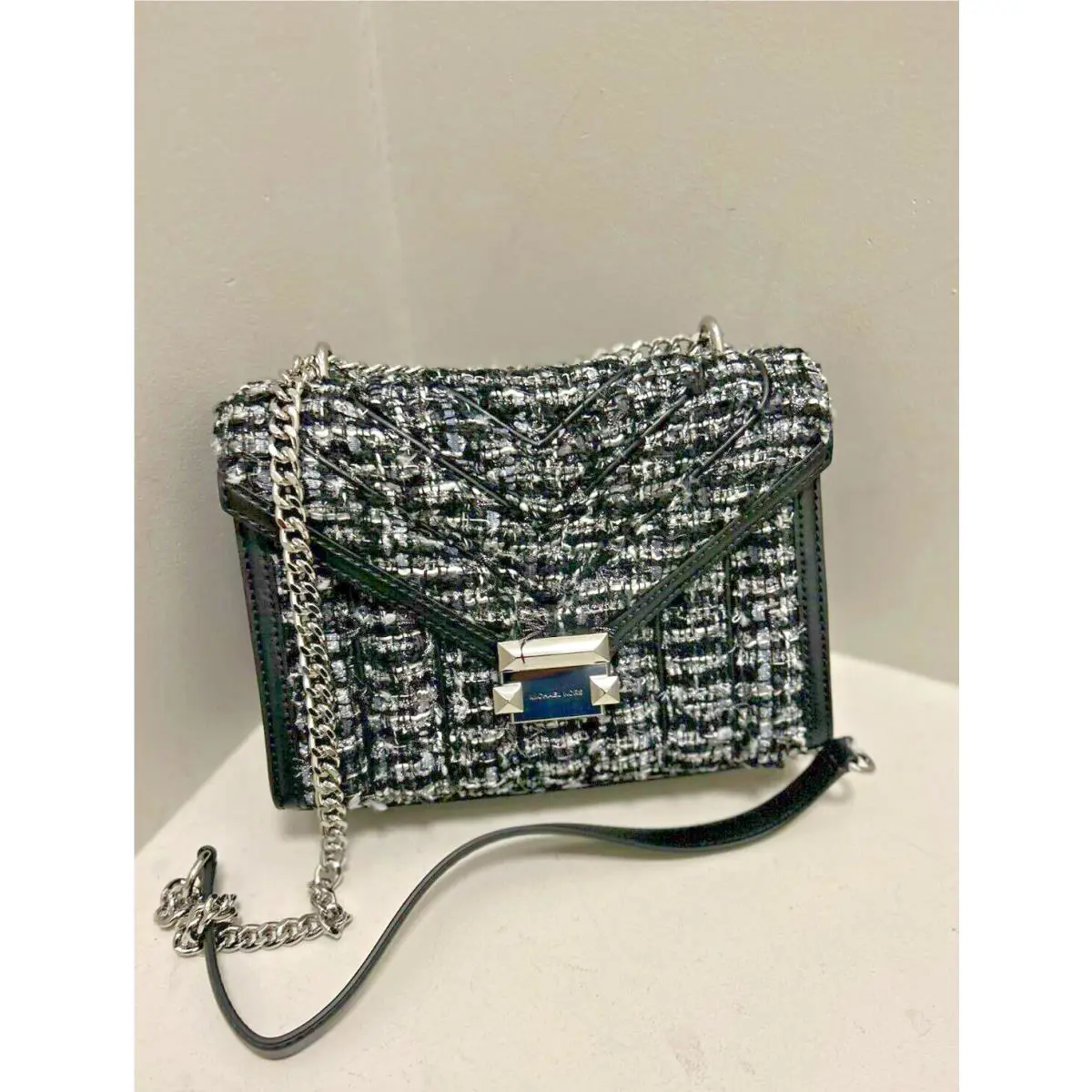 Michael Kors Whitney Medium Tweed Flap Chain Strap Shoulder Bag Black