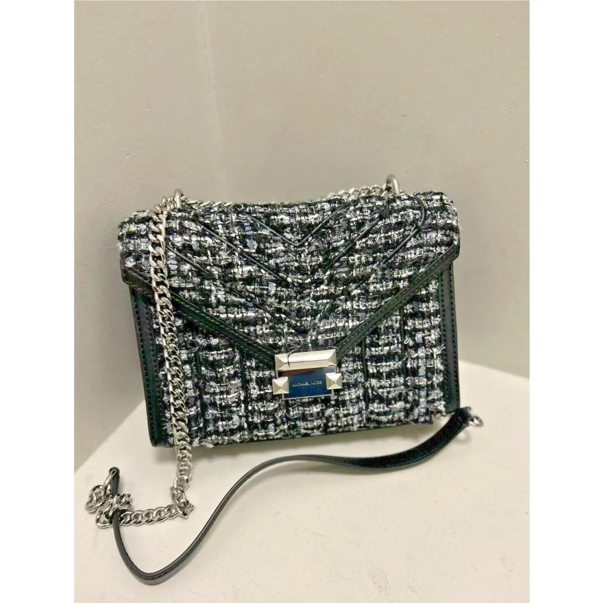 Michael Kors Whitney Medium Tweed Flap Chain Strap Shoulder Bag Black