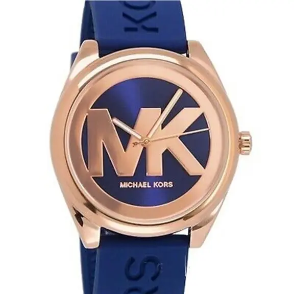 Navy Blue Janelle Silicone Band Rose Gold MK Logo Dial Watch MK7140 by Michael Kors