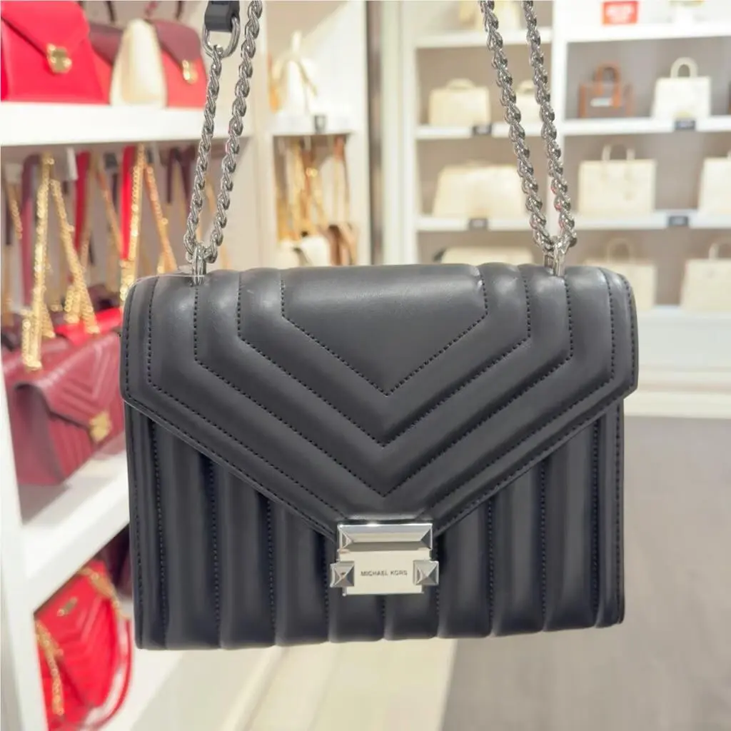Michael Kors Whitney Medium Quilted Flap Silver-tone Chain Shoulder Bag Black
